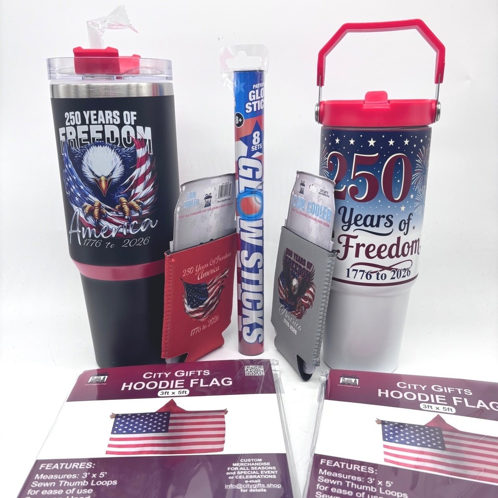 NWT 250th USA Anniversary Metal Cups Coozie Decals Hoodie Flag Magnet Glow Stick